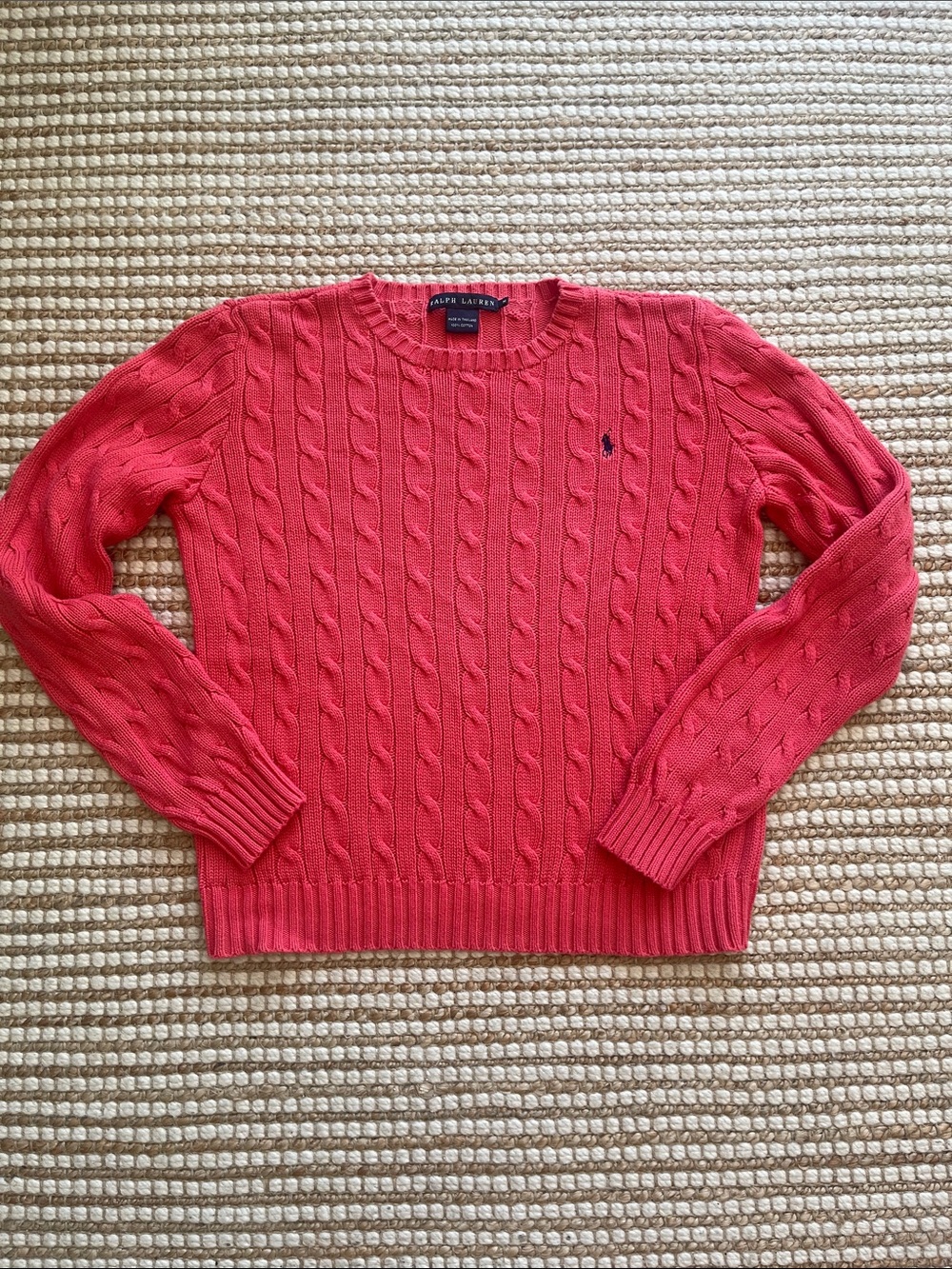 Ralph Lauren Coral Cable-Knit Crewneck Sweater Medium Cotton